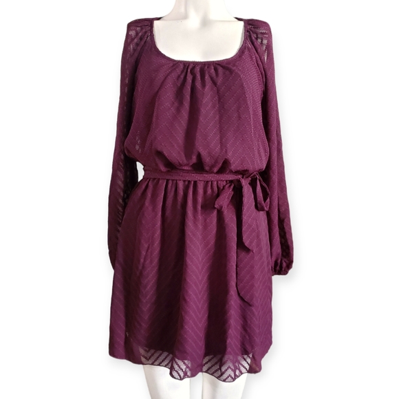 Speechless Burgundy Lined Longsleeved Belted Waist Defined Mini Dress Size Small - Picture 1 of 6